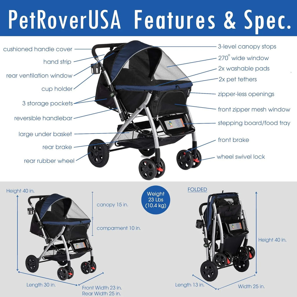 HPZ Pet Rover Premium wytrzymały wózek podróżny dla psa/kota/zwierząt domowych z rozkładaną przegródką/wejściem bez zamka błyskawicznego/odwracalny uchwyt, gumowe opony bez pompy, dla małych,