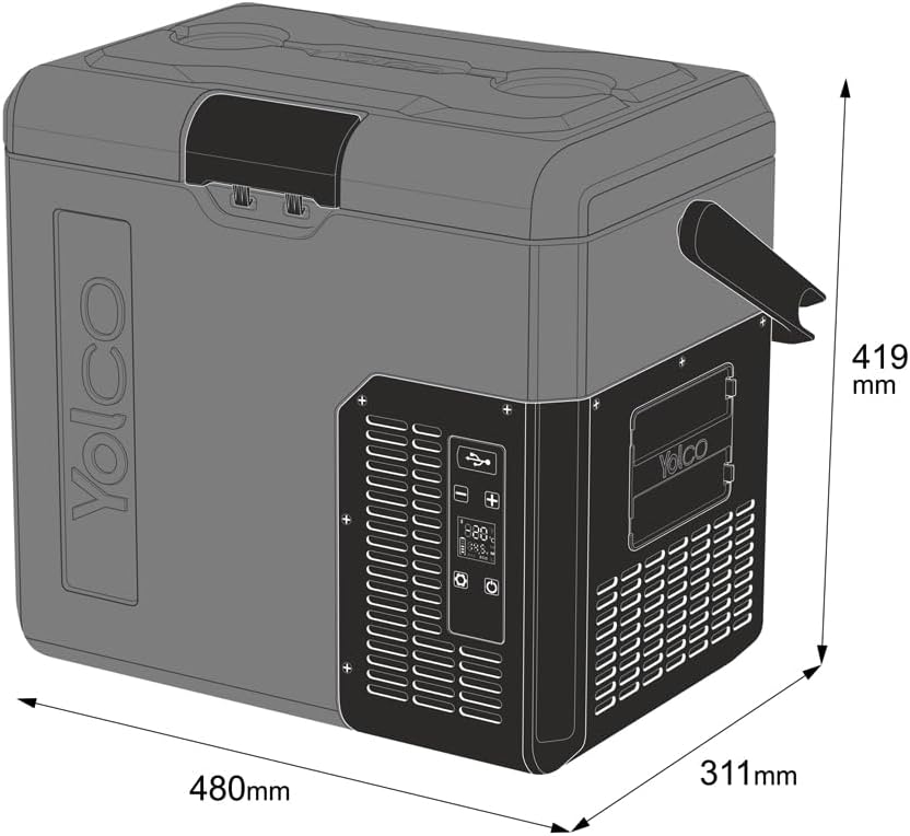 Yolco ET18 Carbon kompresorowa lodówka turystyczna 18 l z akumulatorem SC4B – przenośna lodówka i zamrażarka do -20°C, 12/24 V DC i 230 V, USB, do samochodu, ciężarówki, łodzi, na kemping, szara