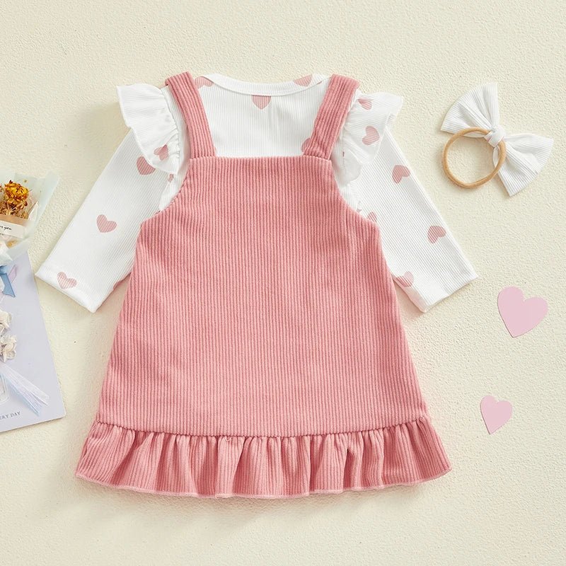 Baby Girls Outfits Heart Print Romper | Suspender Skirt | Headband Set