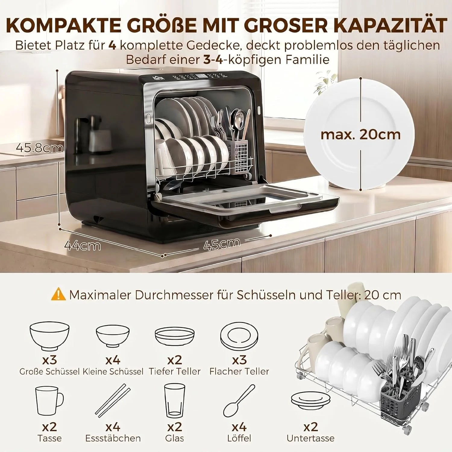 HOMCOM Zmywarka do naczyń, mini zmywarka do naczyń z wbudowanym 6-litrowym zbiornikiem na wodę, 5 programów, sterowanie dotykowe, wyświetlacz LED, 4 nakrycia, podwójne zaopatrzenie w wodę i funkcja