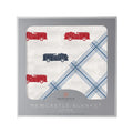 Blue and Red Fire Trucks and Buffalo Check Plaid Blanket