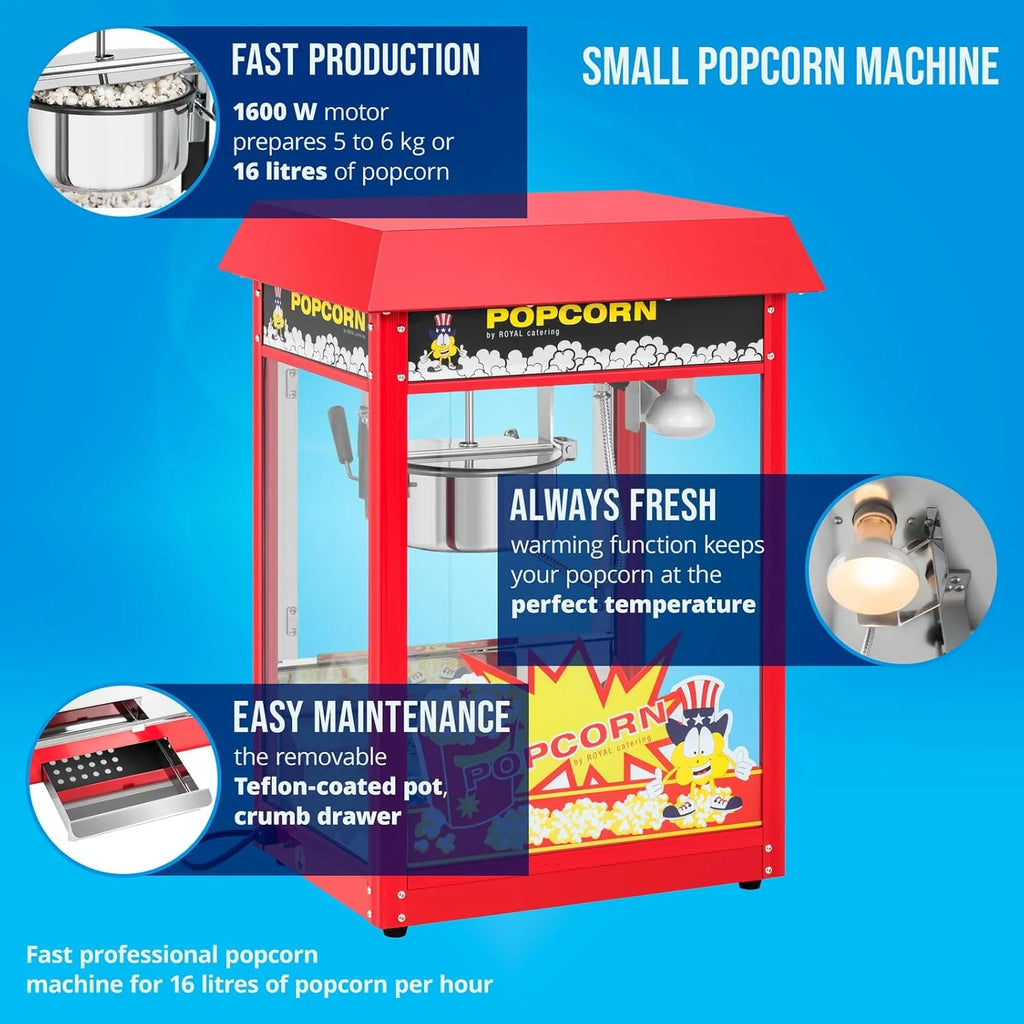 Royal Catering Maszyna do popcornu retro RCPS-14 profesjonalna maszyna do popcornu, 1495 W, z cyklem roboczym, moc robocza 120 s, 5 kg/h, pow?oka garnkowa teflonowa