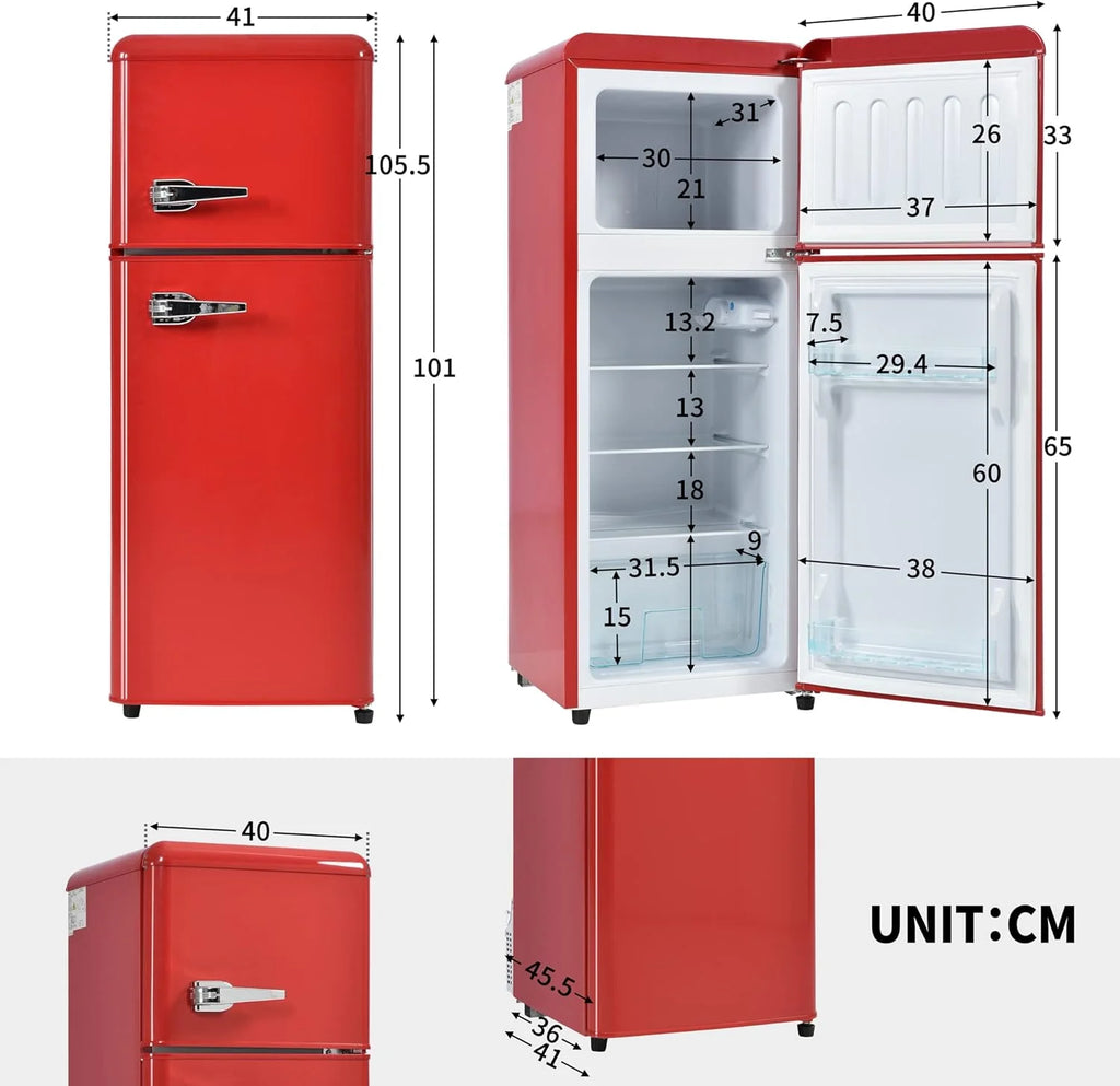Lodówka w stylu retro, lodówko-zamrażarka, wysokość 105,5 cm, szerokość 41 cm, dwudrzwiowa, całkowita pojemność 92 litrów, 116 kWh/rok, -27°C ~ 13 °C, światło LED (czarny)