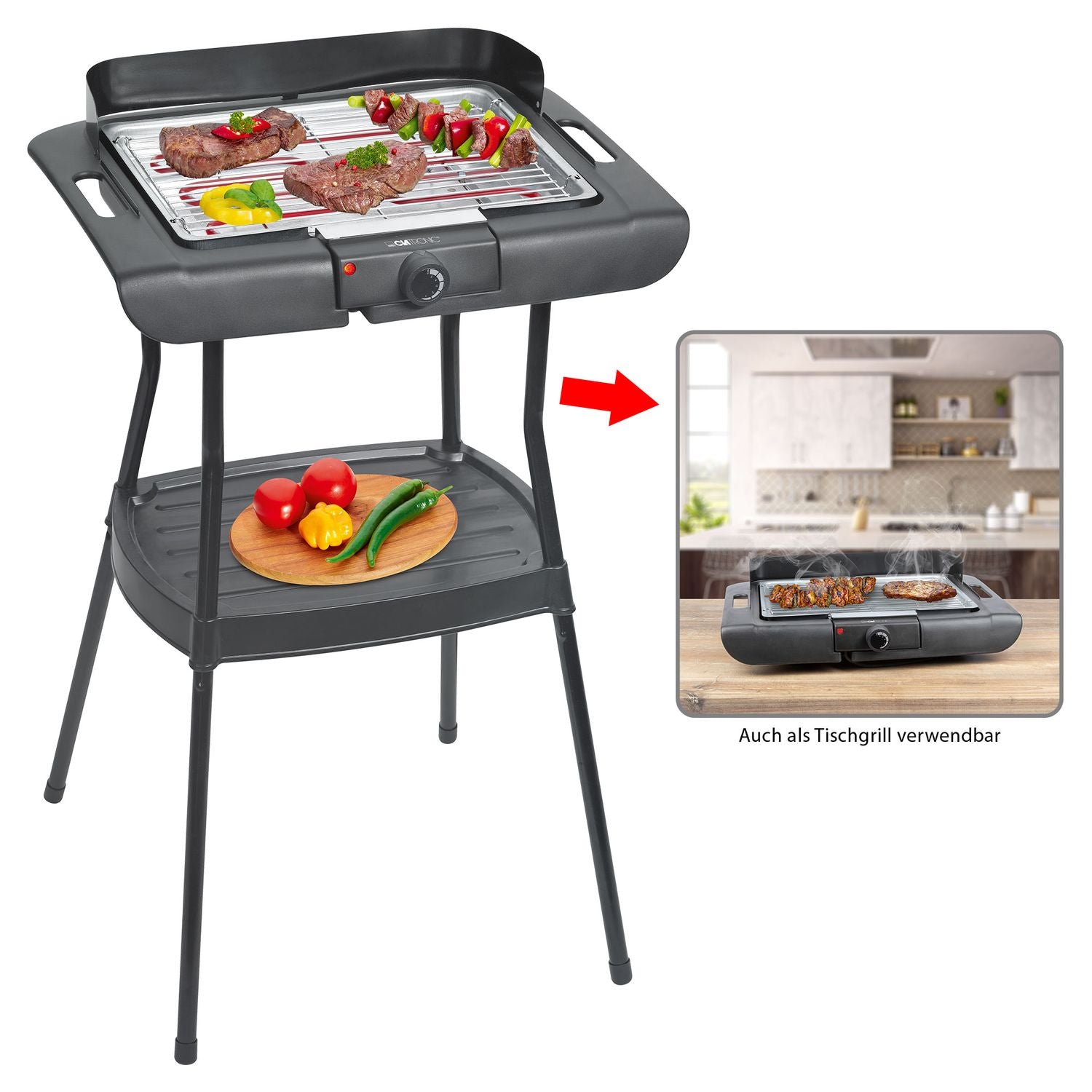 Grill elektryczny z nóżkami, chromowany, regulacja temperatury, do użytku wewnątrz i na zewnątrz, czarno-srebrny, 2000 W, Clatronic Bqs 3508