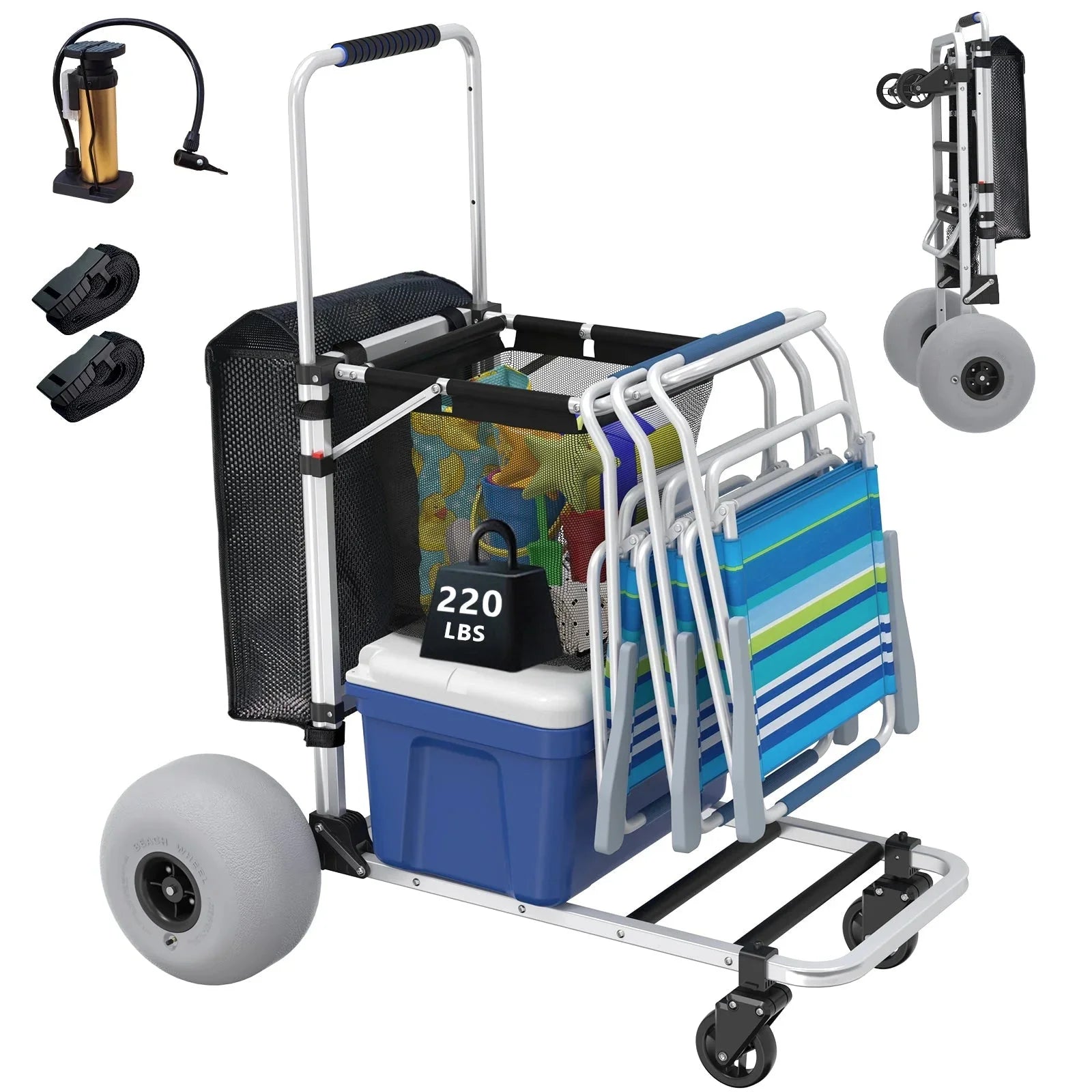 Foldable Beach Cart with Adjustable Handle and 12 Balloon Wheels, Heavy Duty Aluminum 220LBS Capacity
