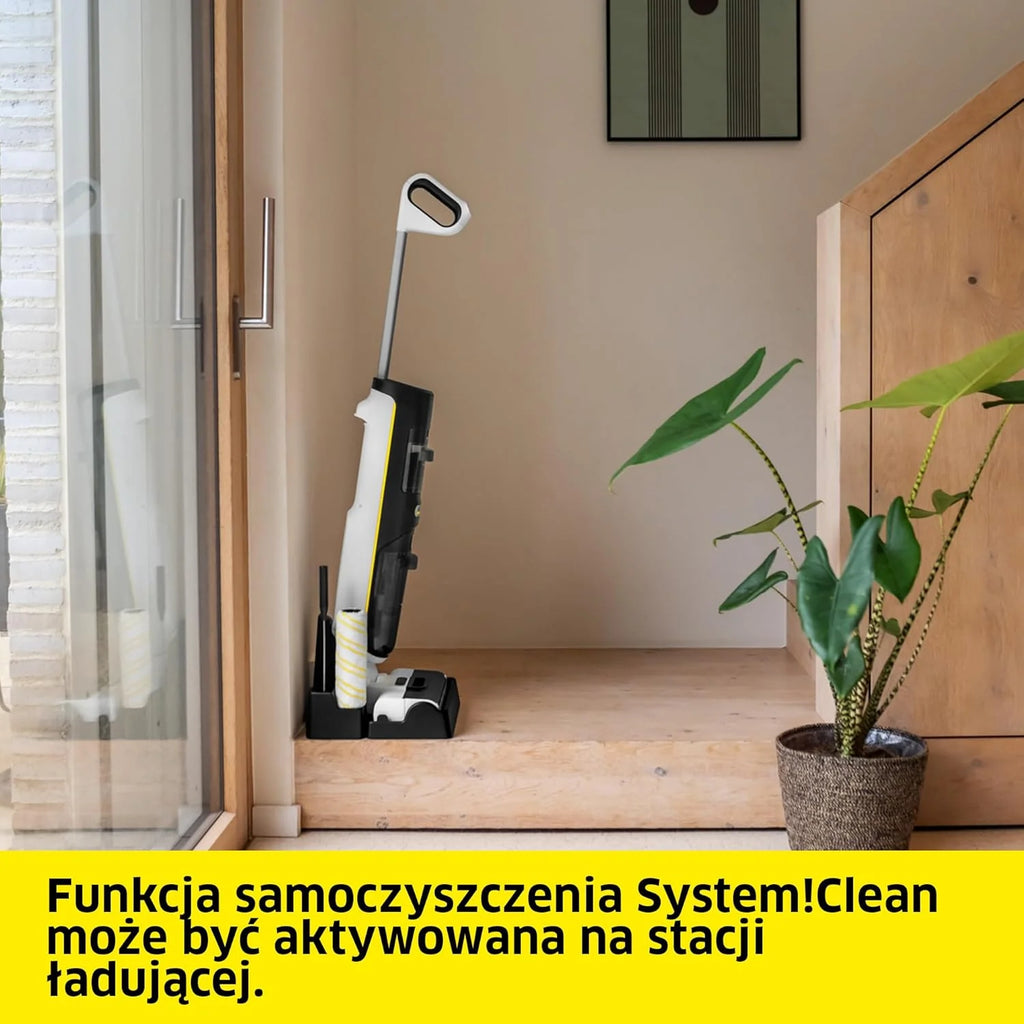 Kärcher bezprzewodowy mop odkurzający FCV 4 Dry Extra, 4 tryby czyszczenia, bateria: ok. 45 min, powierzchnia użytkowa na jedno ładowanie: ok. 200 m², stacja czyszcząca, ładująca i susząca