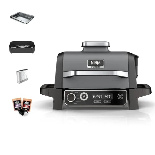 Ninja Woodfire Grill elektryczny, wędzarnia i frytkownica beztłuszczowa, 7 w 1, zewnętrzny, wędzenie, opiekanie, ciasta, odporny na pogodę, nieprzywierający, przenośny, szary/czarny OG701EU