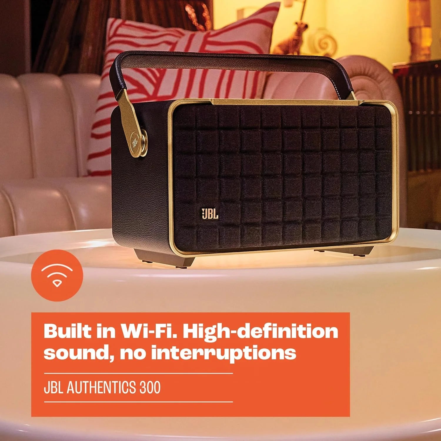 JBL Authentics 300, Głośnik Bezprzewodowy, 8h Odtwarzania, z Wbudowanym Wi-Fi, Bluetooth, Dźwiękiem Stereo i Mocnym Basem, Kompatybilny z Alexa i Google Home, w Stylu Retro