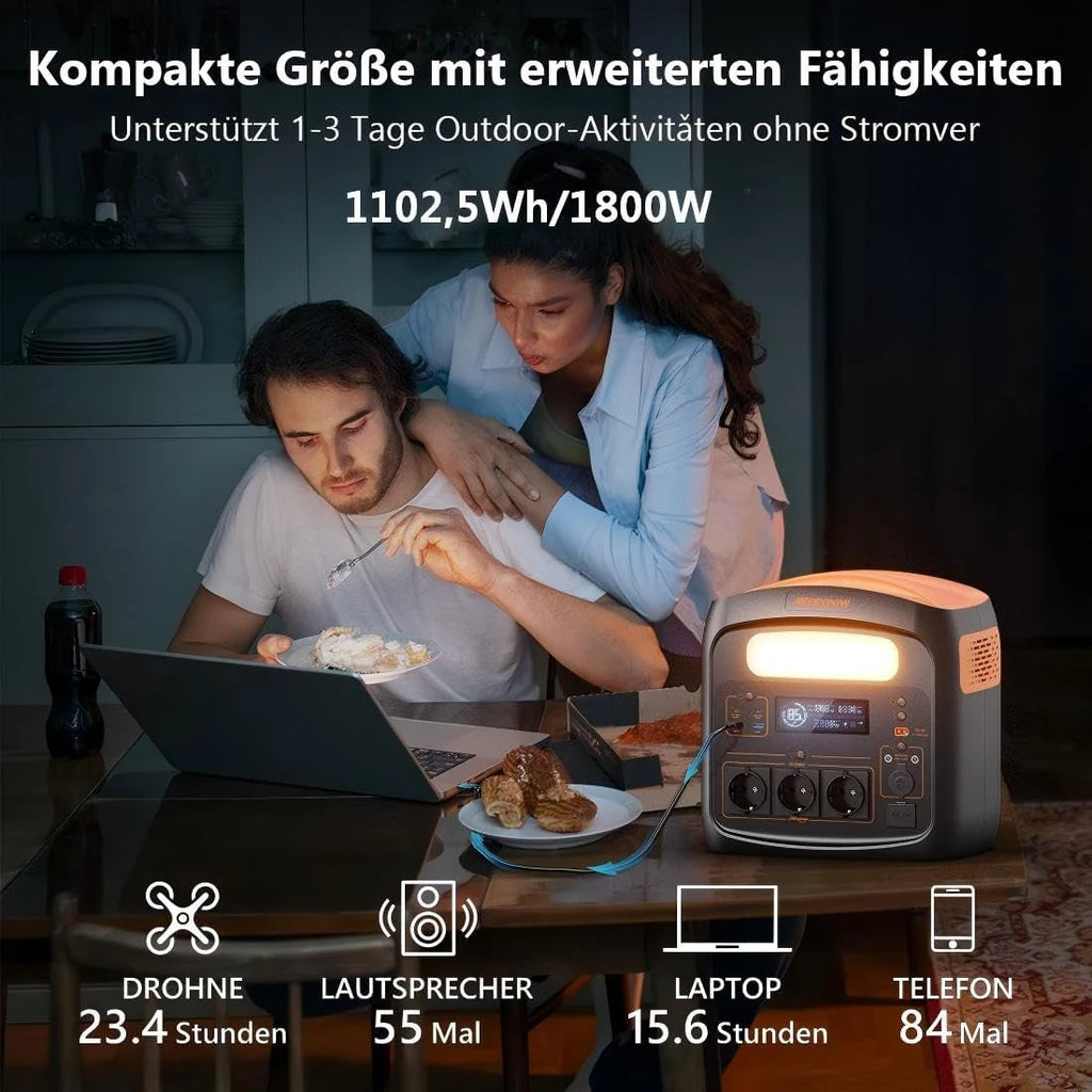 Generator solarny N1200 z panelem słonecznym 200 W, przenośna stacja zasilająca 1102,5 Wh, gniazdka 1200 W AC, generator solarny PD100 W, baterie LiFePO4, na kemping, do kamperów, awarii