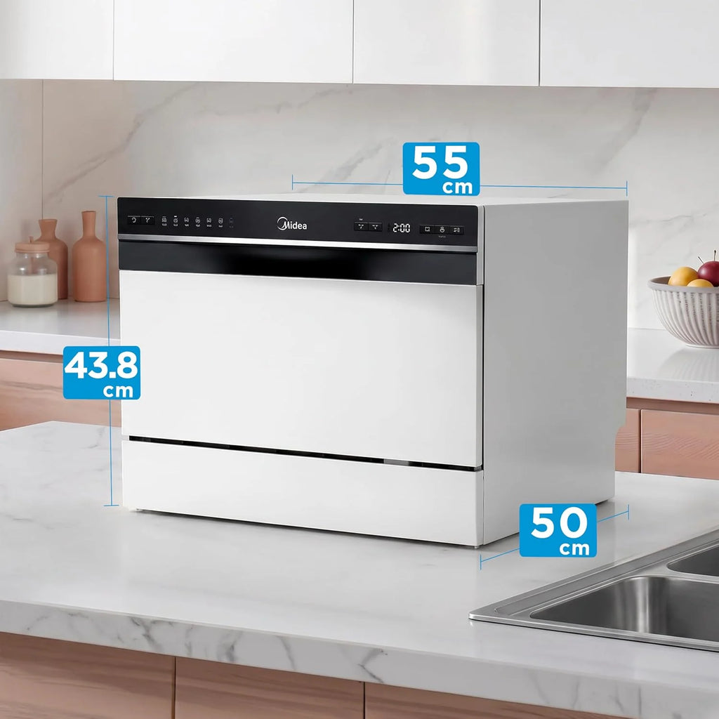 Midea Mała zmywarka, biała, 55 cm, dla 6 osób, kompaktowa i przenośna, bez instalacji, zmywarka z aplikacją Control, 6 programów, filtr antybakteryjny 49 dB, nowy model
