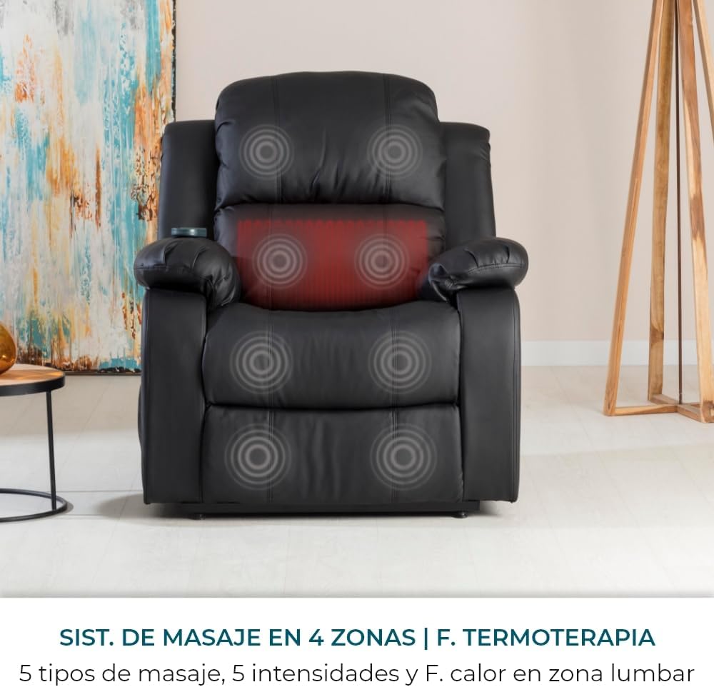 Don Descanso – rozkładany fotel masujący Trevi Black z podgrzewaniem, odchyleniem do 160°, 8 cichymi silnikami, podgrzewaniem odcinka lędźwiowego, 4-strefowym systemem masażu i wykończeniem z odpornej na pęknięcia skóry poliuretanowej [w zestawie pil