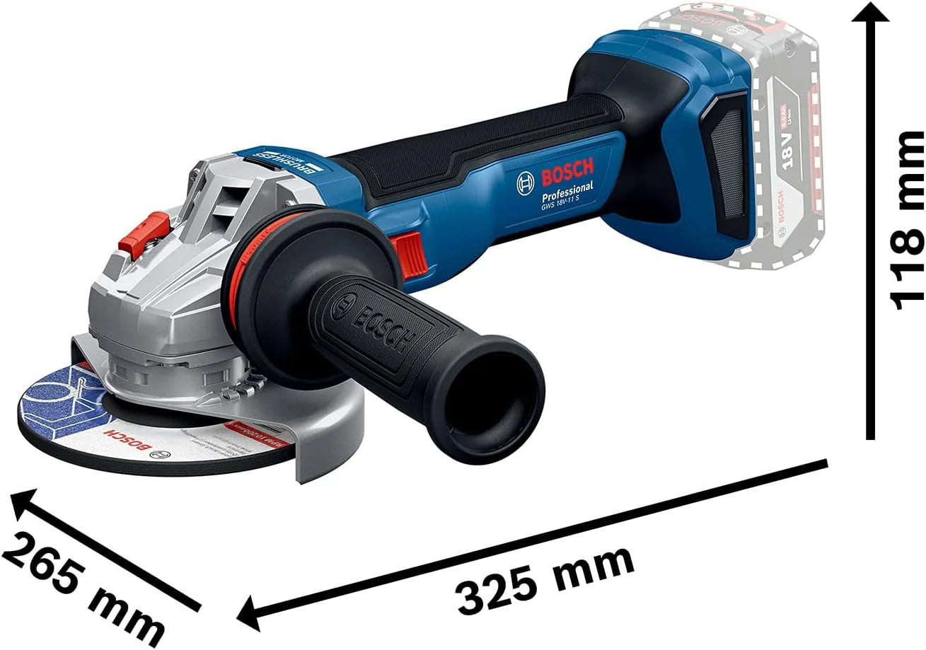 Bosch Professional 18 V firmy Bosch: akumulatorowa szlifierka kątowa GWS 18V-11 S (Ø tarczy 125 mm, 2x GBA 5.0Ah, ładowarka GAL 1880, walizka L-BOXX)
