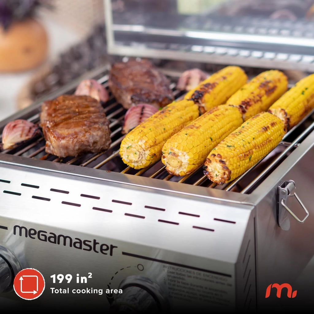 Megamaster Wysokiej jakości grill do gotowania na świeżym powietrzu z 2 palnikami, na kemping, do kuchni na zewnątrz, na patio, ogród, grill z dwiema składanymi nogami, srebrny ze stali nierdzewnej