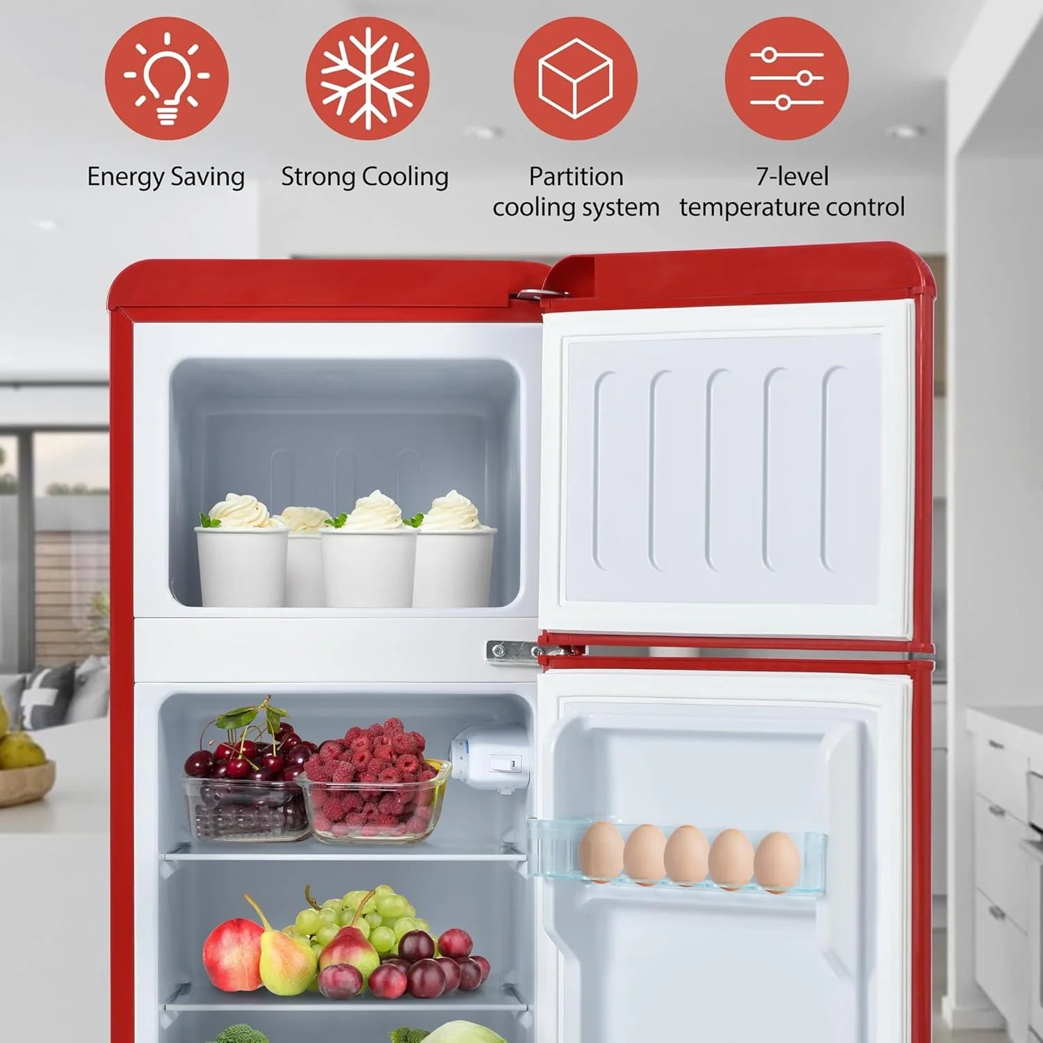 Lodówka w stylu retro, lodówko-zamrażarka, wysokość 105,5 cm, szerokość 41 cm, dwudrzwiowa, całkowita pojemność 92 litrów, 116 kWh/rok, -27°C ~ 13 °C, światło LED (czarny)
