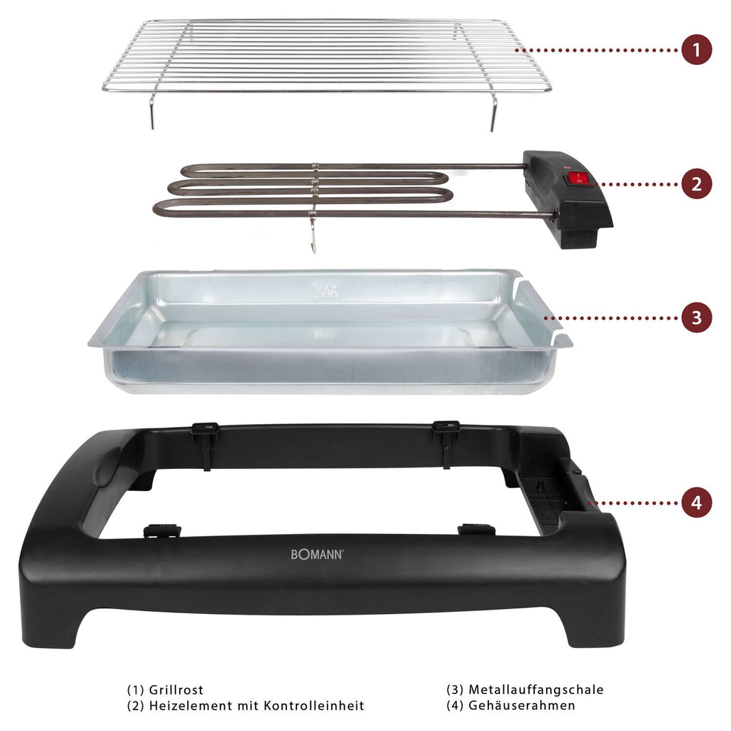Bomann Bq 1240 - Grill elektryczny z chromowanym rusztem 35,5 x 24,5 cm, 2000 W, czarny