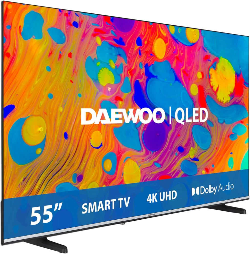 Daewoo 55DM55QV QLED Smart TV 55 cali 4K Ultra HD HDR, telewizor z Dolby Vision i Dolby Atmos, kompatybilny z Alexa, bezramowa konstrukcja, podstawa boczna