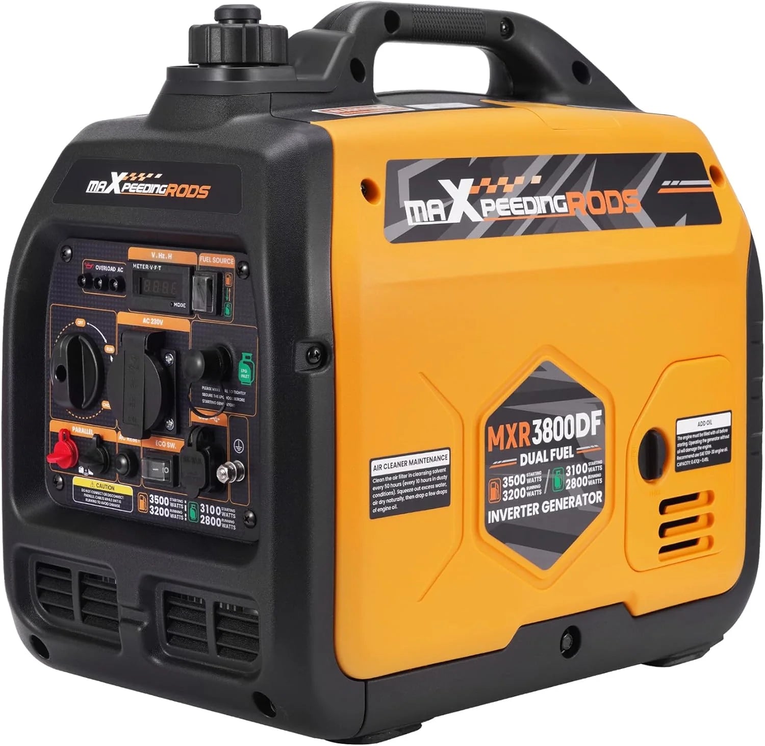 maXpeedingrods Inwerterowy generator prądu, 2000 W, benzynowy, 4-suwowy, z gniazdem USB i gniazdami 230 V, cyfrowy wyświetlacz, kompaktowy i lekki, na kemping, do podróży na świeżym powietrzu, kampera