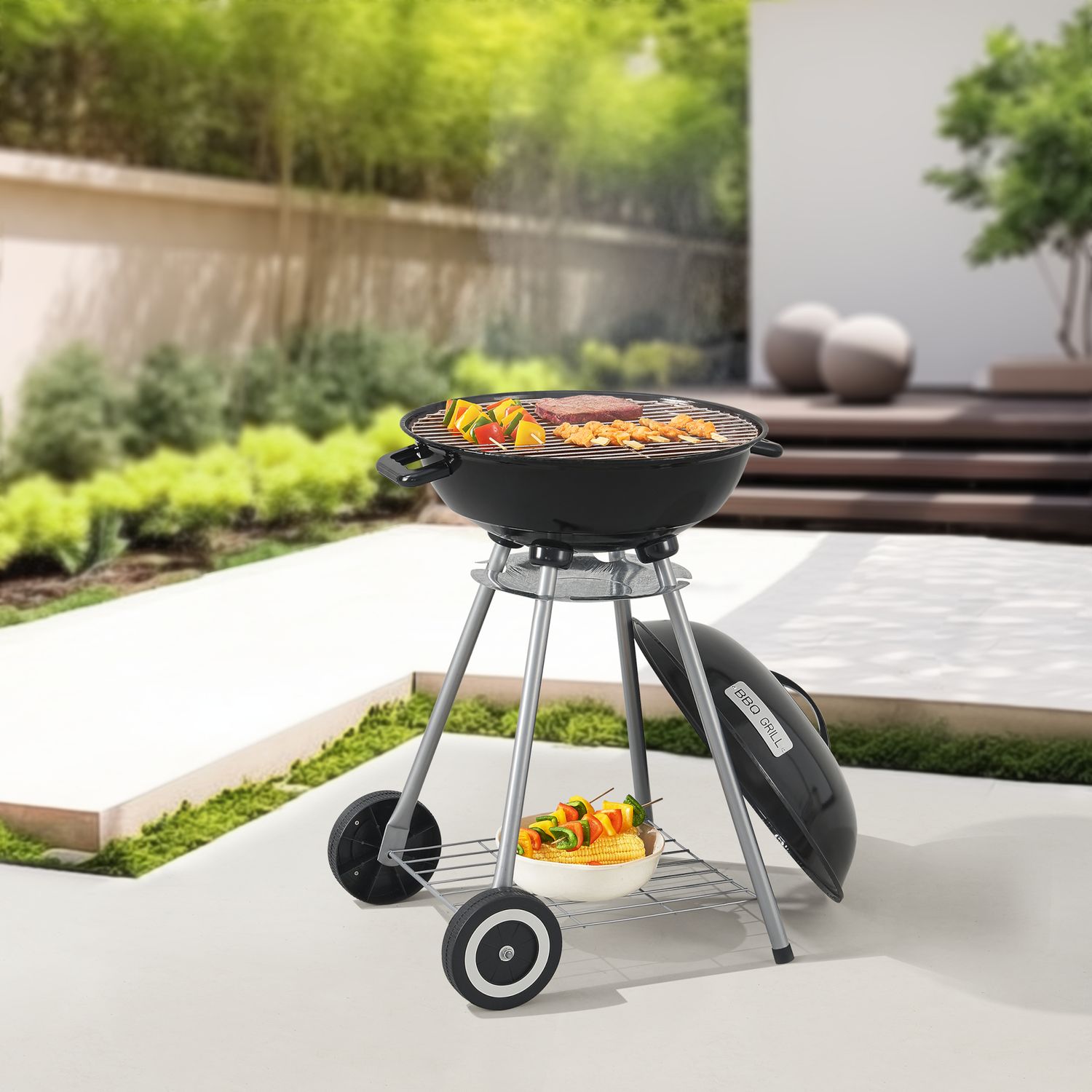 Barbacoa Redonda De Carbón Apricena Con Tapa 80x49x47cm - Czarny [casa.pro]
