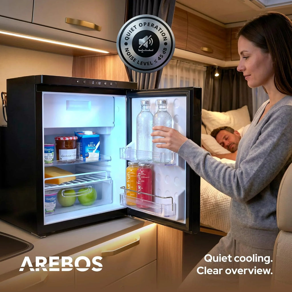 Arebos Lodówka Kompresorowa do Kampera 50L z Zamrażalnikiem | Sterowanie APP | 12V/24V | Chłodzenie do -20°C | Odwracalne Drzwi | Lodówka do Kampera, Auta i Ciężarówki