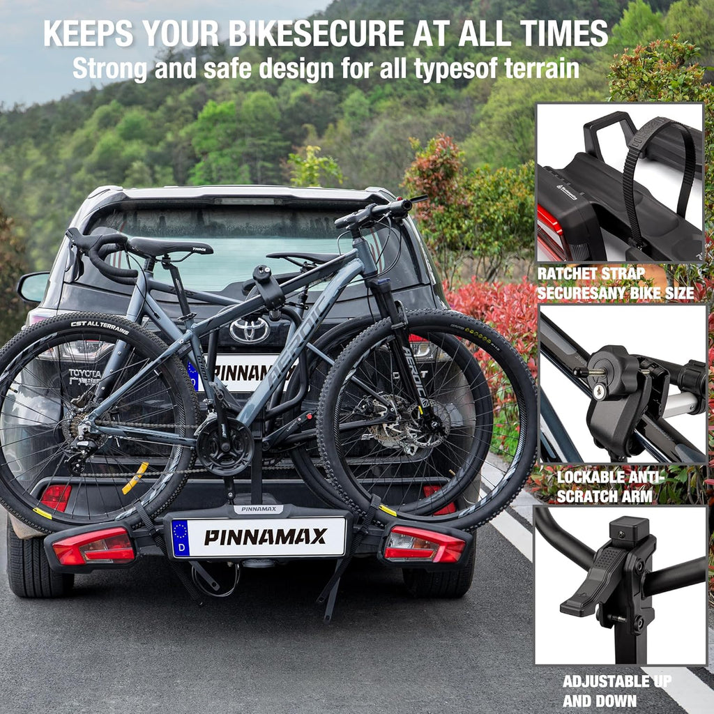 EBike Bagażnik rowerowy na 2 rowery - Składany i obrotowy bagażnik tylny na hak holowniczy do 60 kg - Bagażnik rowerowy z ochroną przed kradzieżą, tylnym światłem i uchwytem na tablicę