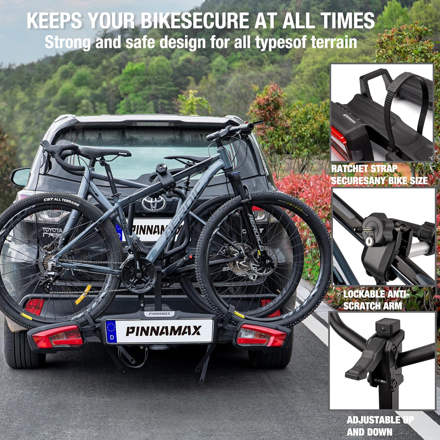EBike Bagażnik rowerowy na 2 rowery - Składany i obrotowy bagażnik tylny na hak holowniczy do 60 kg - Bagażnik rowerowy z ochroną przed kradzieżą, tylnym światłem i uchwytem na tablicę