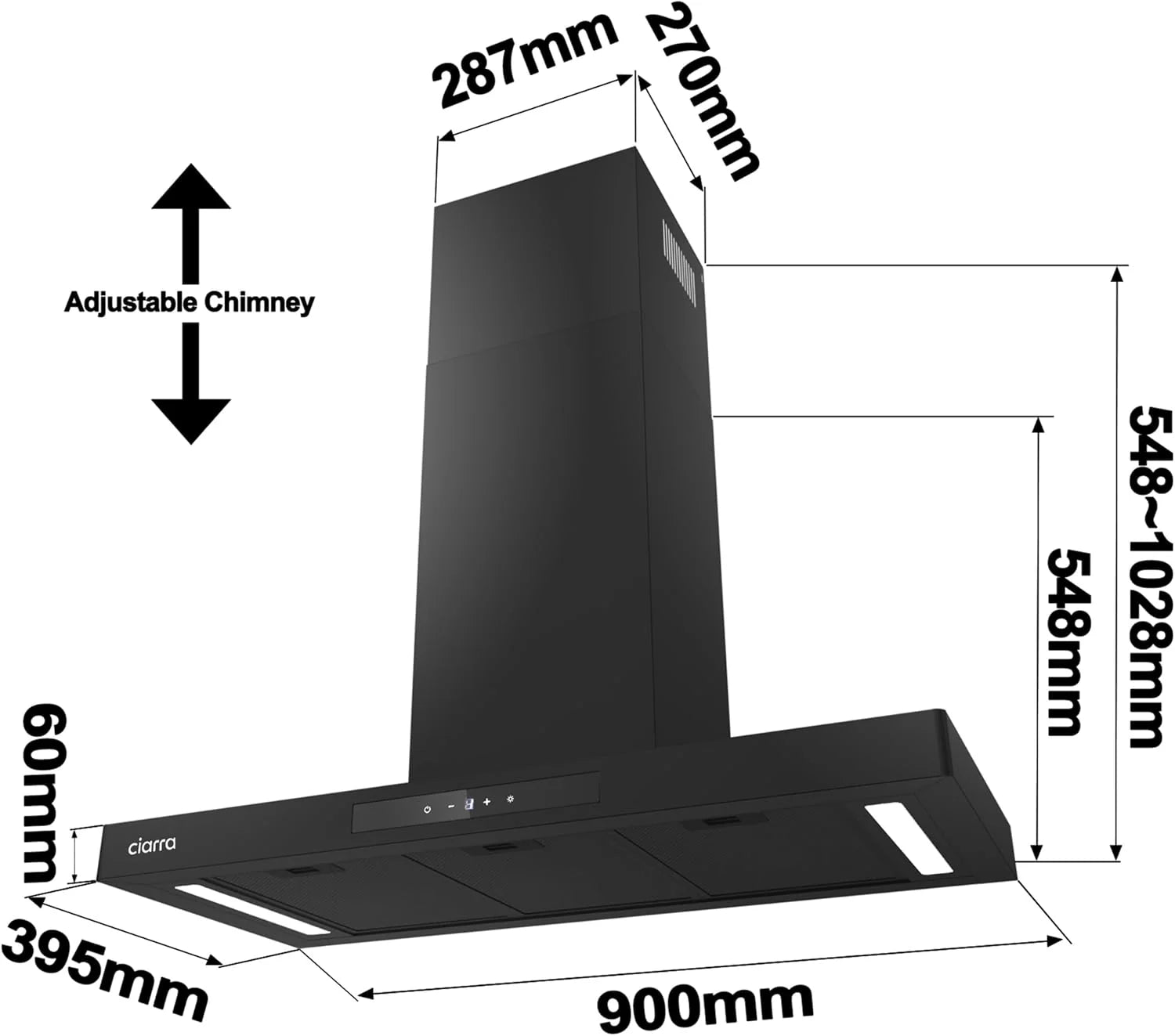 CIARRA CBCB9102-P A++ okap kuchenny 90 cm obieg powietrza wylotowego 650 m³/h TouchControl 4 stopnie wraz z boosterem z filtrem węglowym CBCF003 czarny