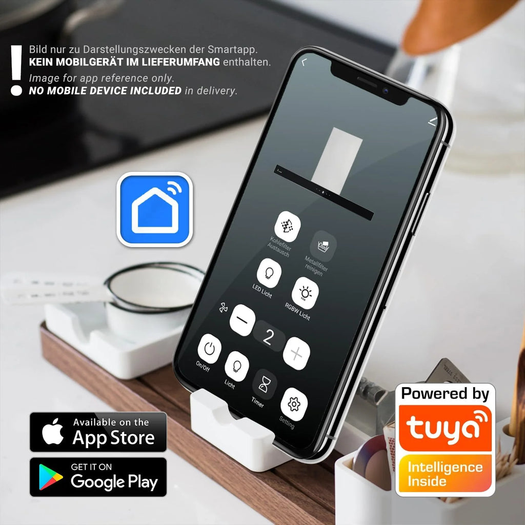 KKT KOLBE Okap kuchenny 90 cm, stal nierdzewna, czarne szkło, aplikacja Smart WiFi, funkcja automatycznego dopływu, obsługa SensorTouch, Delta-Insel-HC