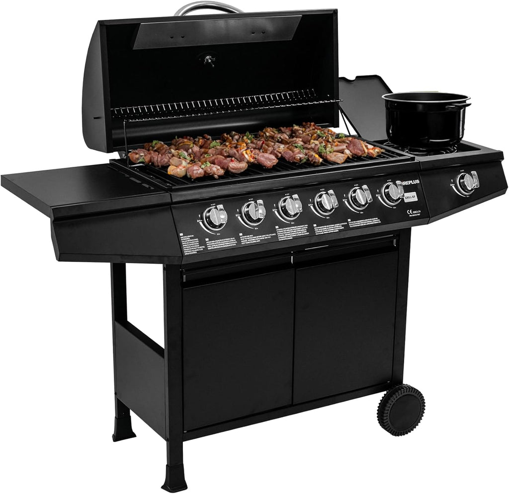 Grill gazowy Fireplus 6+1, 12,9 kW – stal nierdzewna czarna – grill z kółkami, model GRILL-6F – grill XXL z wózkiem i termometrem – 138 x 52 x 103 cm – 7 palników i tacka boczna