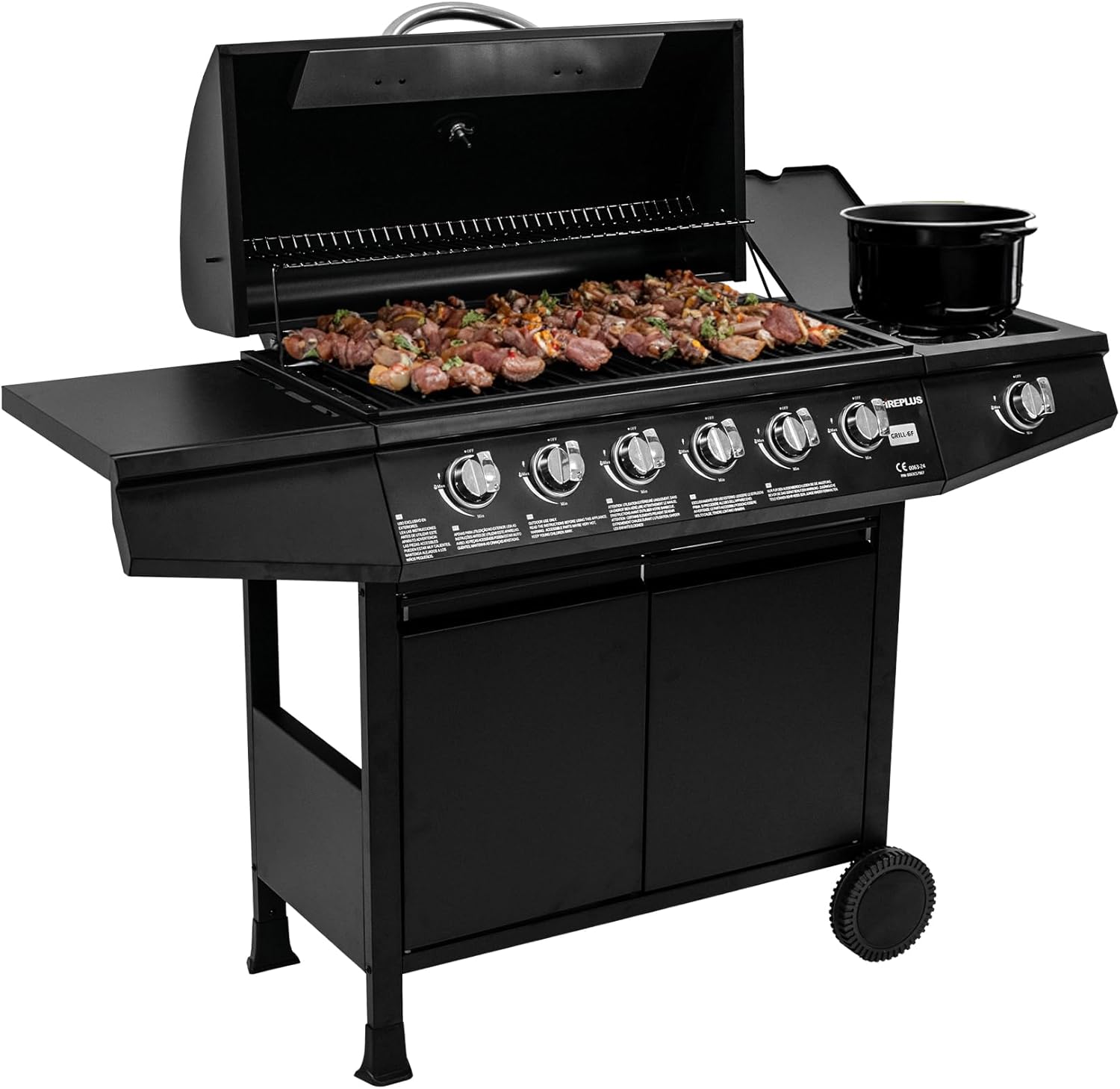 Grill gazowy Fireplus 6+1, 12,9 kW – stal nierdzewna czarna – grill z kółkami, model GRILL-6F – grill XXL z wózkiem i termometrem – 138 x 52 x 103 cm – 7 palników i tacka boczna
