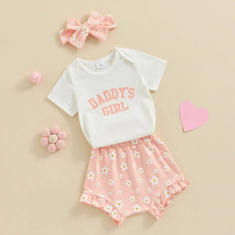 Baby Girls Outfit Short Sleeve Romper - Floral Shorts - Hairband Set Casual Clothes
