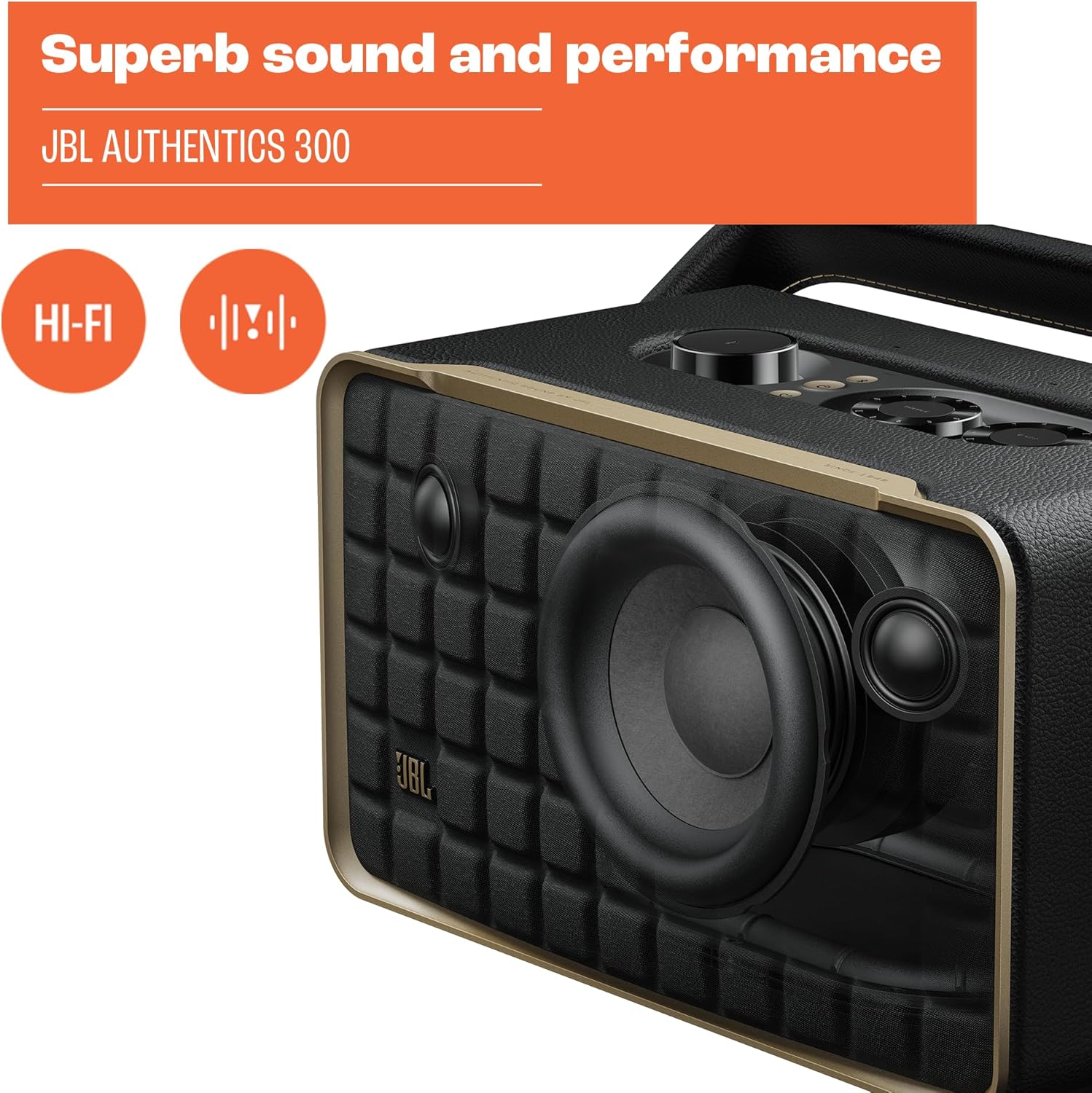 JBL Authentics 300, Głośnik Bezprzewodowy, 8h Odtwarzania, z Wbudowanym Wi-Fi, Bluetooth, Dźwiękiem Stereo i Mocnym Basem, Kompatybilny z Alexa i Google Home, w Stylu Retro
