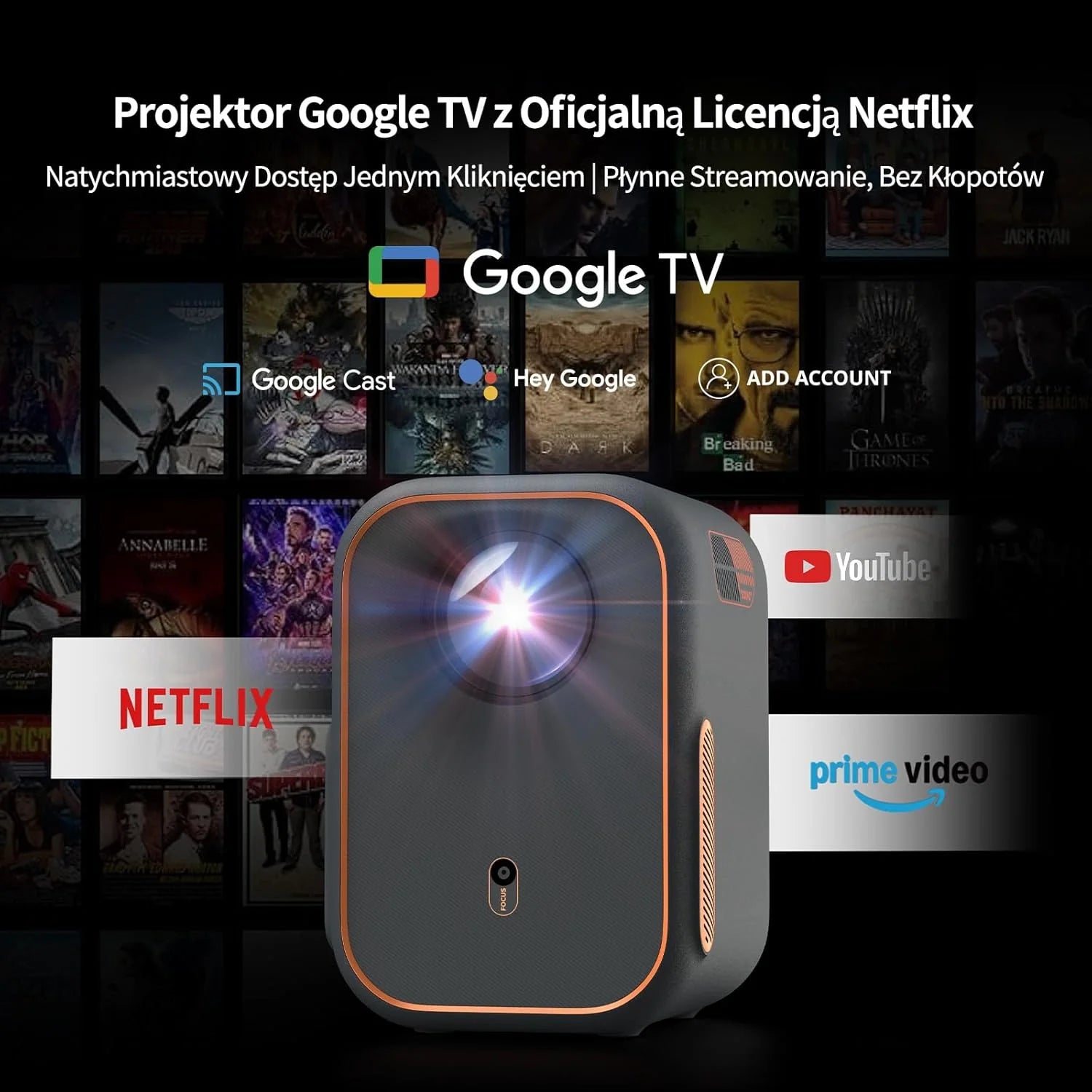 WEMAX Inteligentny Projektor Google TV 1080P Full HD, Obsługa 4K, 320 ISO Lm, MEMC Płynność na Mecze 2026, Auto Focus i Keystone, Omijanie Przeszkód, HDR10, Dolby Audio, WiFi 5G, Bluetooth