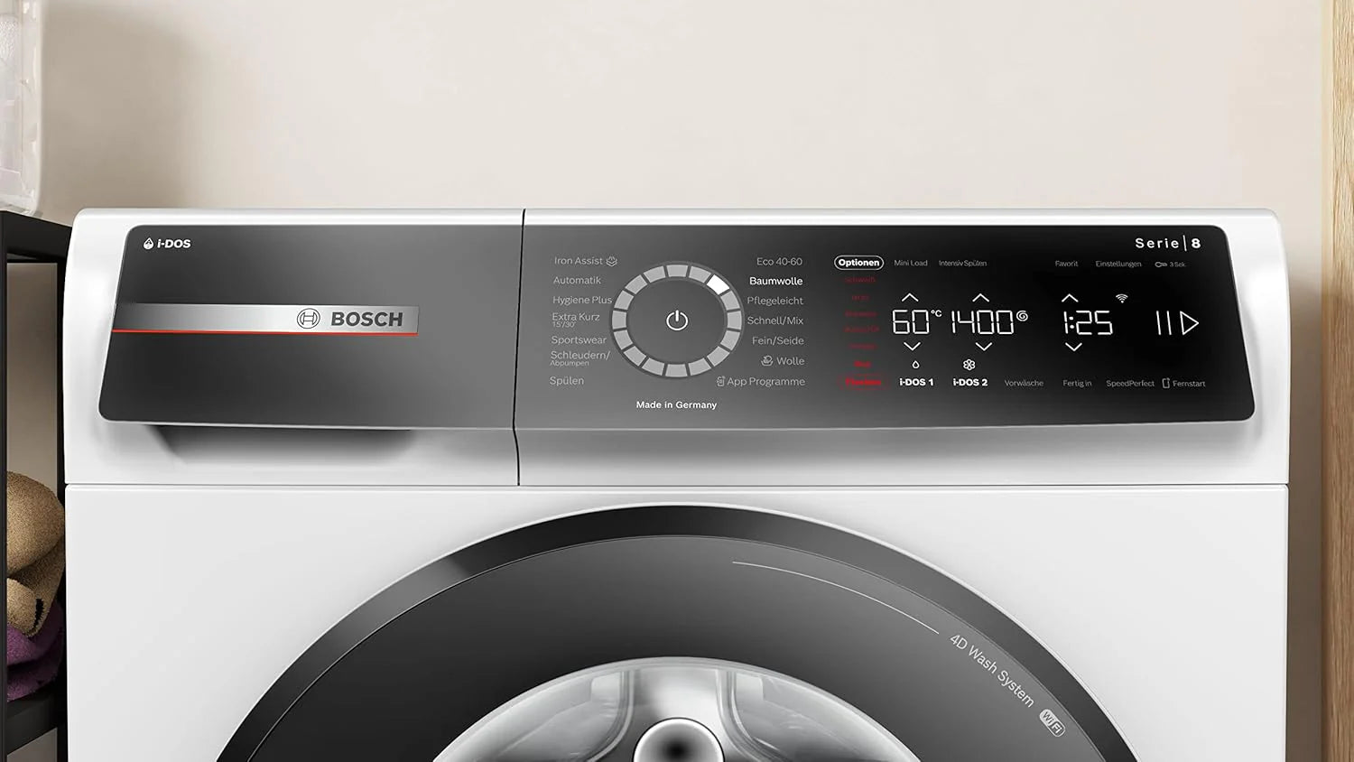 Bosch WGB244A40 Serie 8 pralka ładowana od przodu 9 kg, 1400 obr./min, Made in Germany, Speed Perfect, i-DOS ze skanowaniem środków piorących, Iron Assist – redukuje zagniecenia, Mini Load, Home