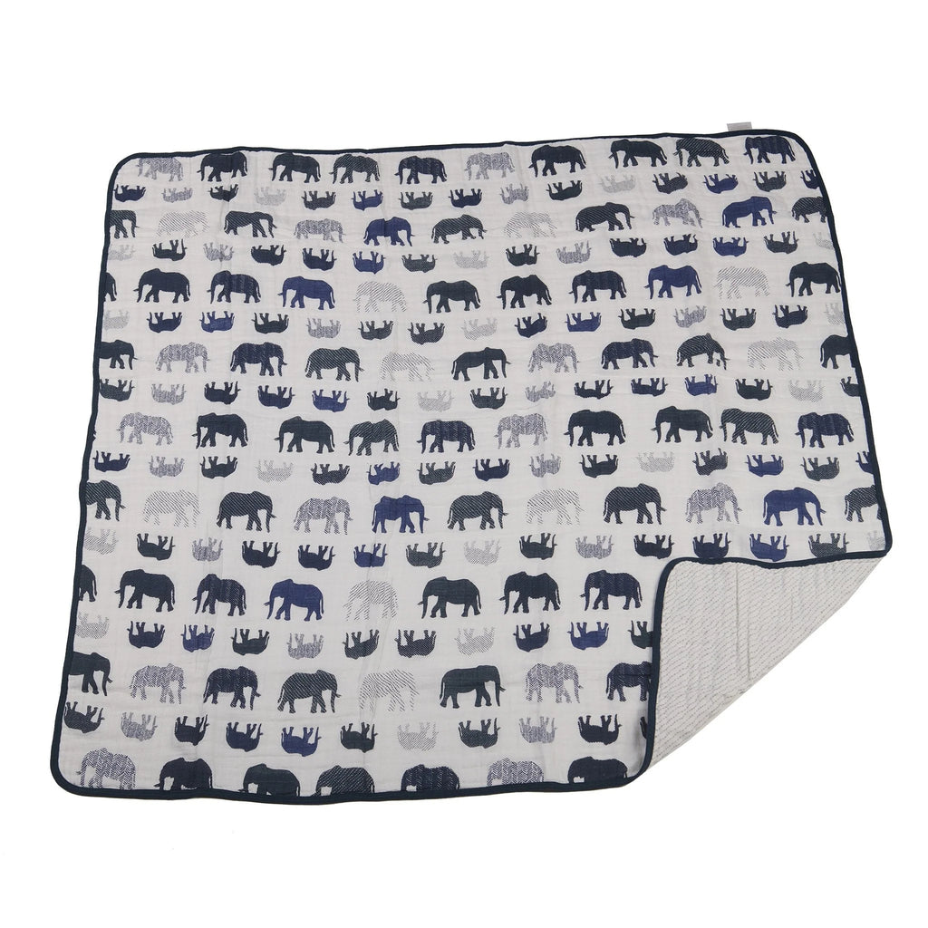 Blue Elephant and Spotted Wave Cotton Muslin Blanket