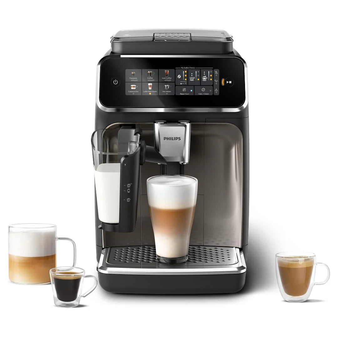 Philips Ekspres do kawy z serii 3300 w pełni zautomatyzowany - 6 napojów, Nowoczesny, Kolorowy ekran dotykowy, LatteGo, SilentBrew, Młynek w 100% ceramiczny, Filtr AquaClean, Czarny chrom (EP3347/90)