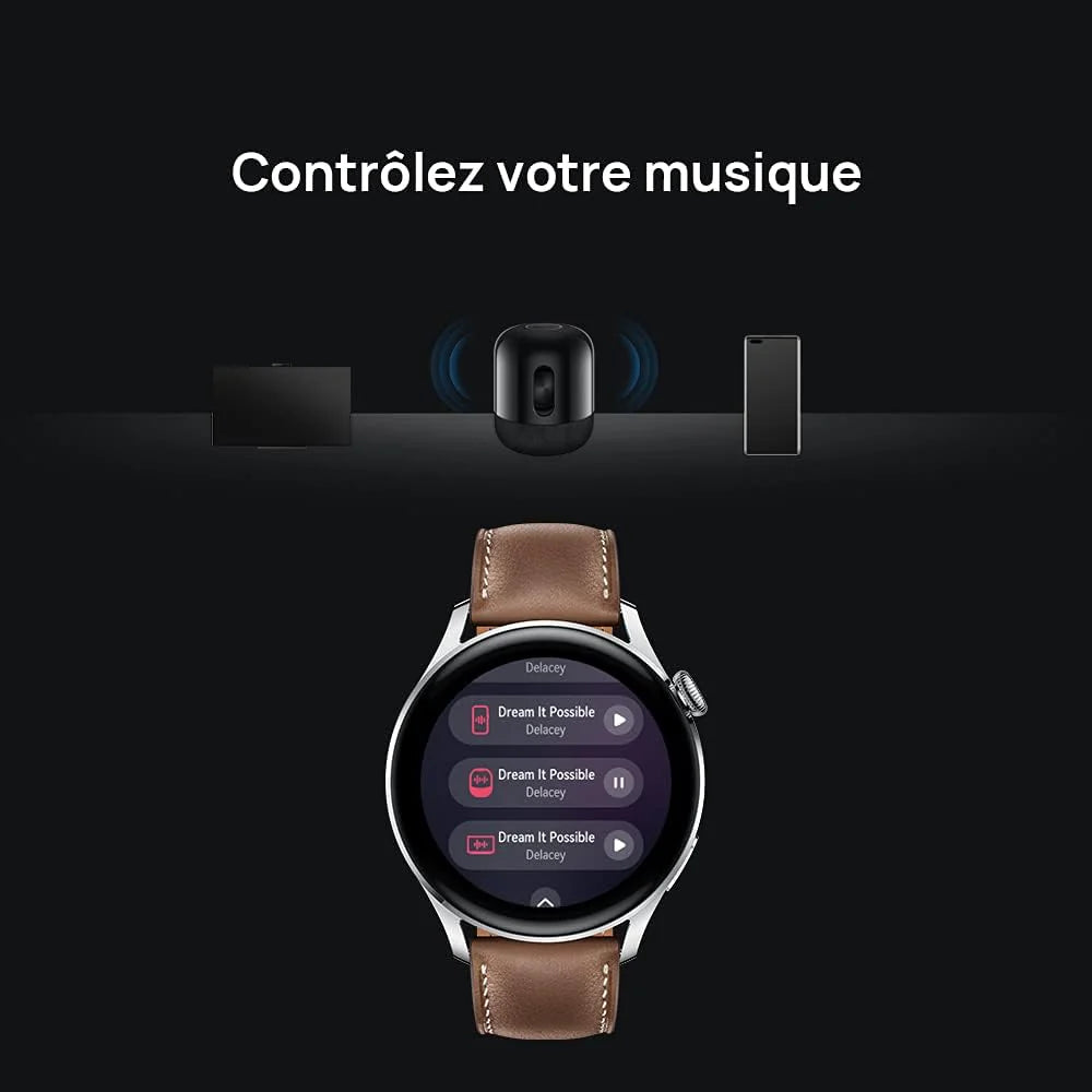 HUAWEI WATCH 3 Connected Watch 4G, Ekran dotykowy AMOLED, Ciągłe śledzenie zdrowia, Połączenia eSIM, GPS, 14 dni autonomii, współpracuje z iOS i Androidem, czarna bransoletka