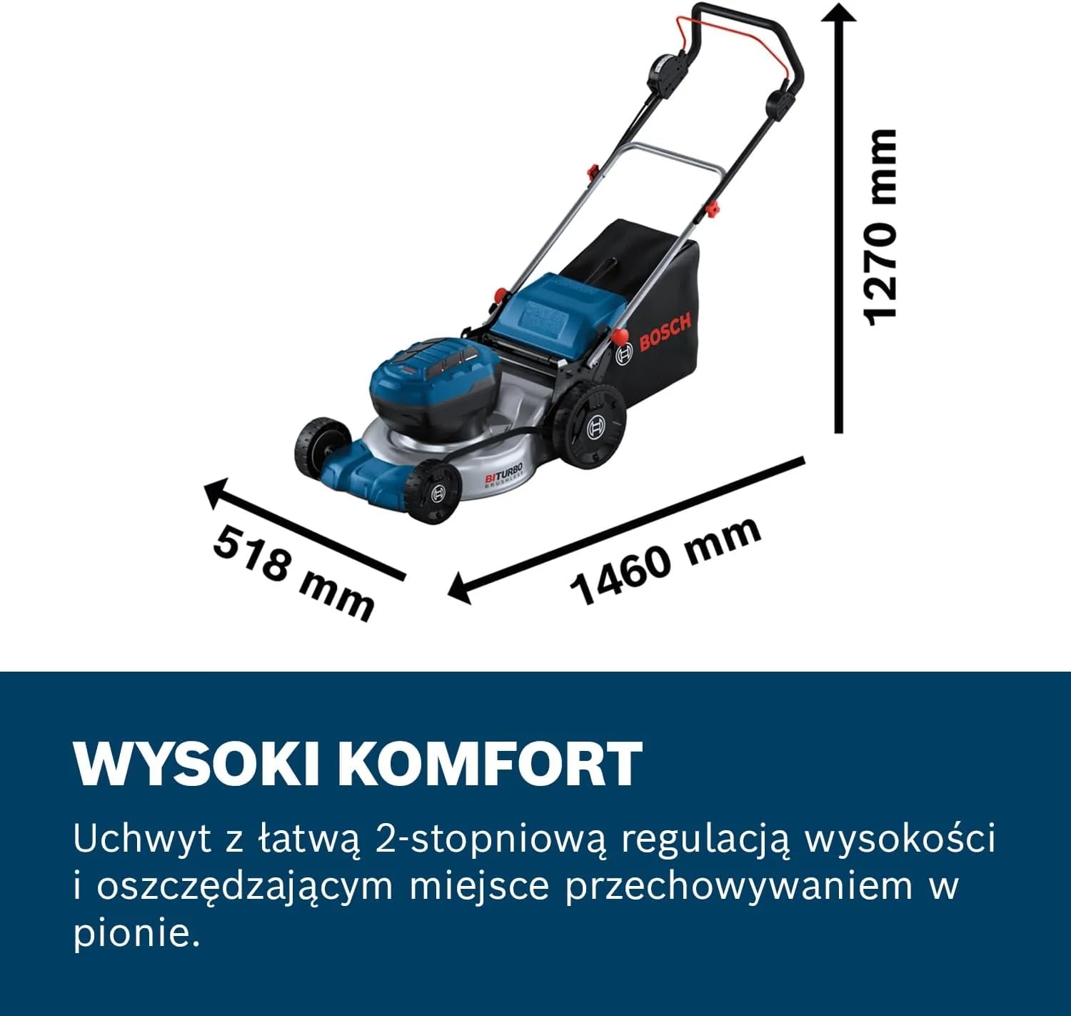 System profesjonalny 18 V firmy Bosch: kosiarka akum. GRA 18V2-46 (szer. cięcia: 46 cm, 6-stopniowa regulacja wys. cięcia, materiałowy worek na trawę 60 l, 2 klucze zapłonu, przystawka do mulczowania)