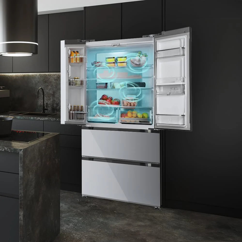 Cecotec Lodówka Francuska Drzwi Inox z dozownikiem wody 510 L Bolero CoolMarket FD 510 WD Inox E. 183 cm Wysoki, 84 cm Szerokość, Silnik Inverter Plus, Niskie zużycie, Łącznie NoFrost