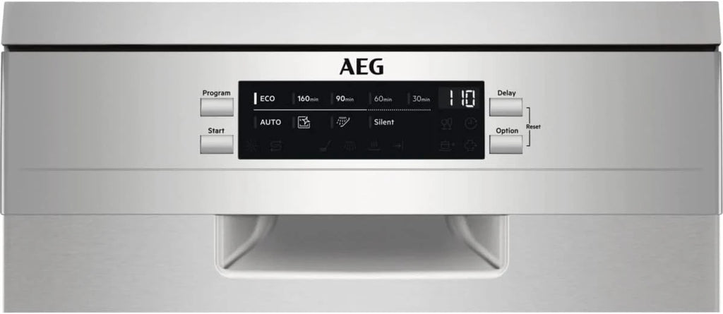 AEG FFB73517ZM Zmywarka AirDry, 10 sztućców, automatyczne odłączanie, 9 programów w 4 temperaturach, taca Maxiflex, funkcja ExtraHygiene, regulowany kosz, falownik, 48 dBA, Inox, 45 cm, klasa D