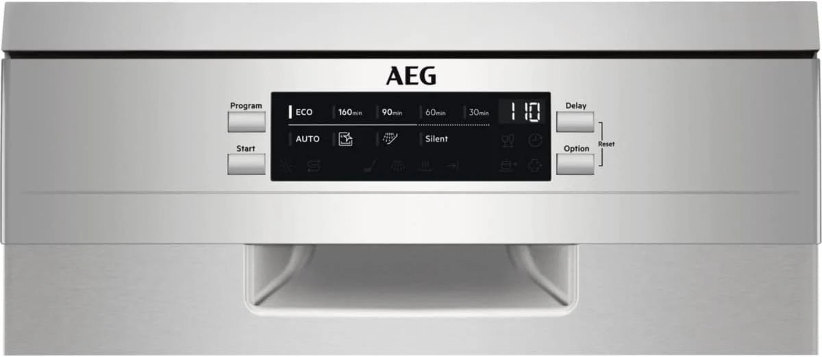 AEG FFB73517ZM Zmywarka AirDry, 10 sztućców, automatyczne odłączanie, 9 programów w 4 temperaturach, taca Maxiflex, funkcja ExtraHygiene, regulowany kosz, falownik, 48 dBA, Inox, 45 cm, klasa D