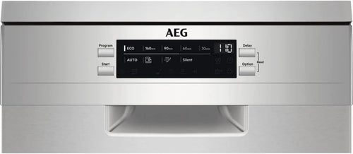 AEG FFB73517ZM Zmywarka AirDry, 10 sztućców, automatyczne odłączanie, 9 programów w 4 temperaturach, taca Maxiflex, funkcja ExtraHygiene, regulowany kosz, falownik, 48 dBA, Inox, 45 cm, klasa D