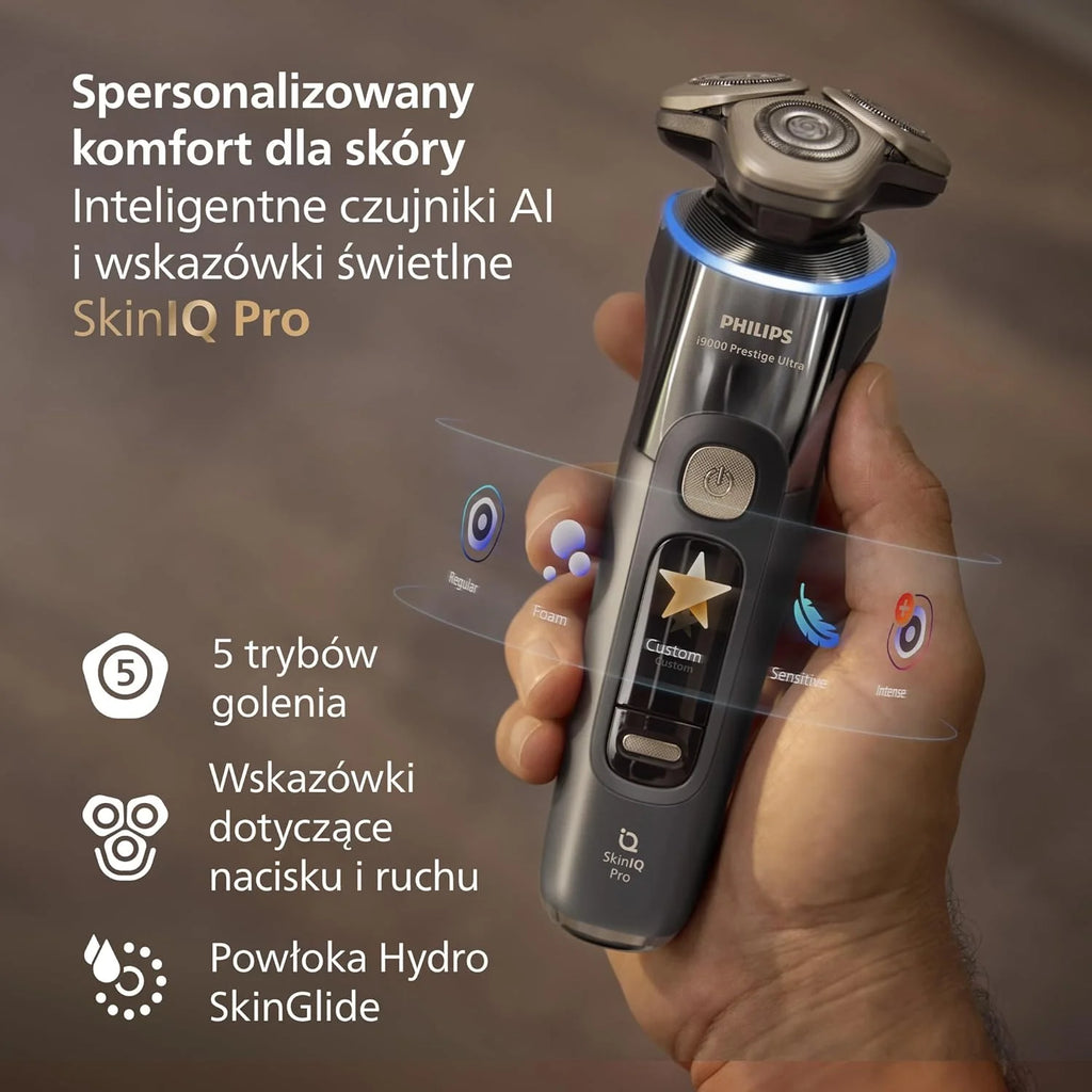 Philips Shaver i9000 Prestige Ultra, golarka elektryczna do golenia na sucho i mokro z technologią Skin IQ Pro, System Triple Lift & Cut, obrotowe 360º ostrza, 5 trybów golenia, Model XP9402/46