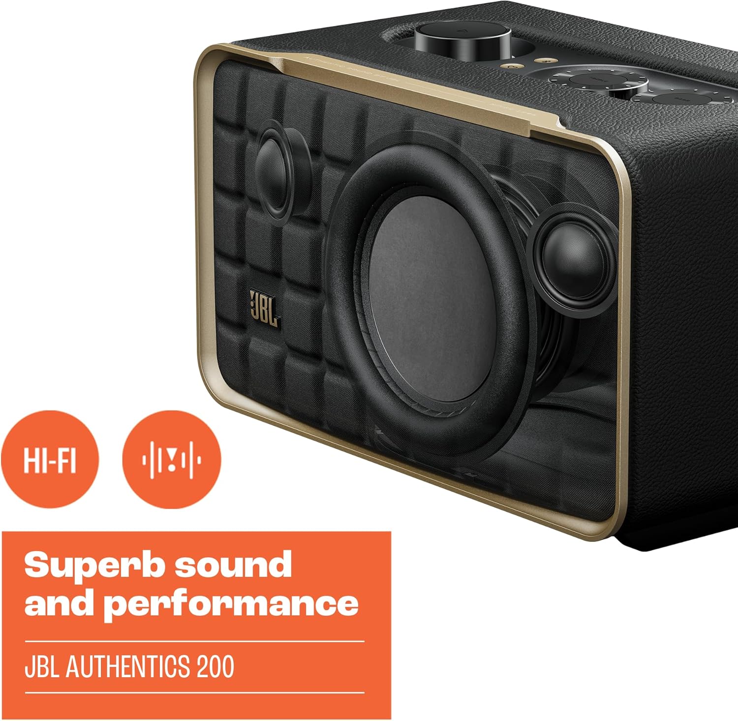JBL Authentics 300, Głośnik Bezprzewodowy, 8h Odtwarzania, z Wbudowanym Wi-Fi, Bluetooth, Dźwiękiem Stereo i Mocnym Basem, Kompatybilny z Alexa i Google Home, w Stylu Retro