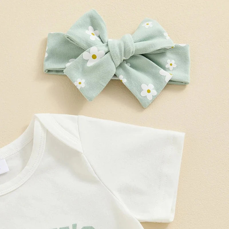 Baby Girls Outfit Short Sleeve Romper - Floral Shorts - Hairband Set Casual Clothes