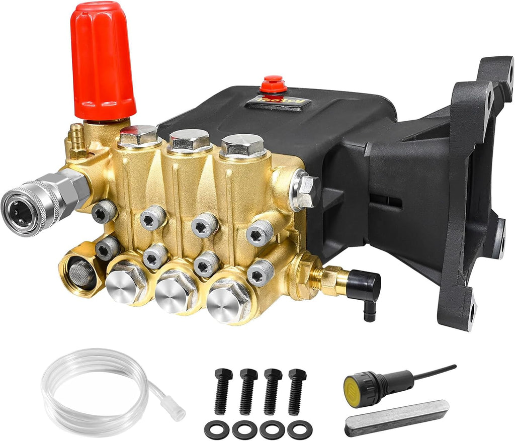 TOOLCY Pompa myjki ciśnieniowej 3400-4000 PSI, 4 GPM Max, 1-calowy wałek poziomy potrójny tłok zamiennik pompy z 5 dyszami i 2 szt. ekranu wlotowego, kompatybilna z Simpson, DeWalt, AR, More