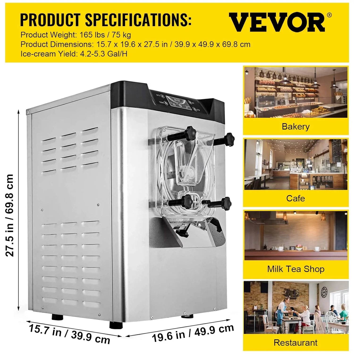 VEVOR Komercyjna maszyna do lodów, 16-20 l/h, 1400 W, z inteligentnym wyświetlaczem LCD i różnymi smakami, do baru przekąskowego, restauracji, srebrna