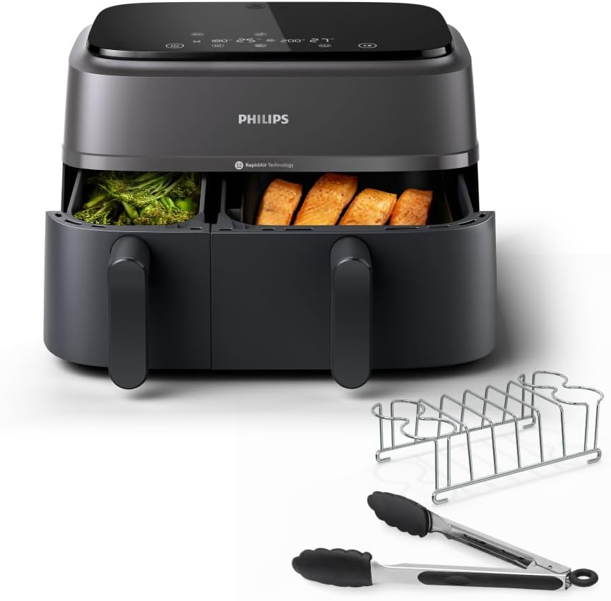 Philips Ovi Dual Basket z parą - Wyjątkowe funkcje gotowania Steamfry, Gotowania na parze, Airfry - 19 sposobów gotowania; pojemność 9L (3L + 6L), RapidAir Plus, automatyczne SteamClean (NA550/00)