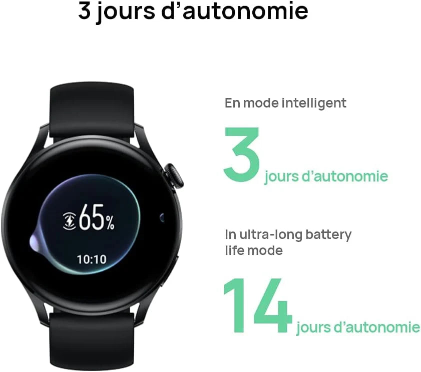 HUAWEI WATCH 3 Connected Watch 4G, Ekran dotykowy AMOLED, Ciągłe śledzenie zdrowia, Połączenia eSIM, GPS, 14 dni autonomii, współpracuje z iOS i Androidem, czarna bransoletka