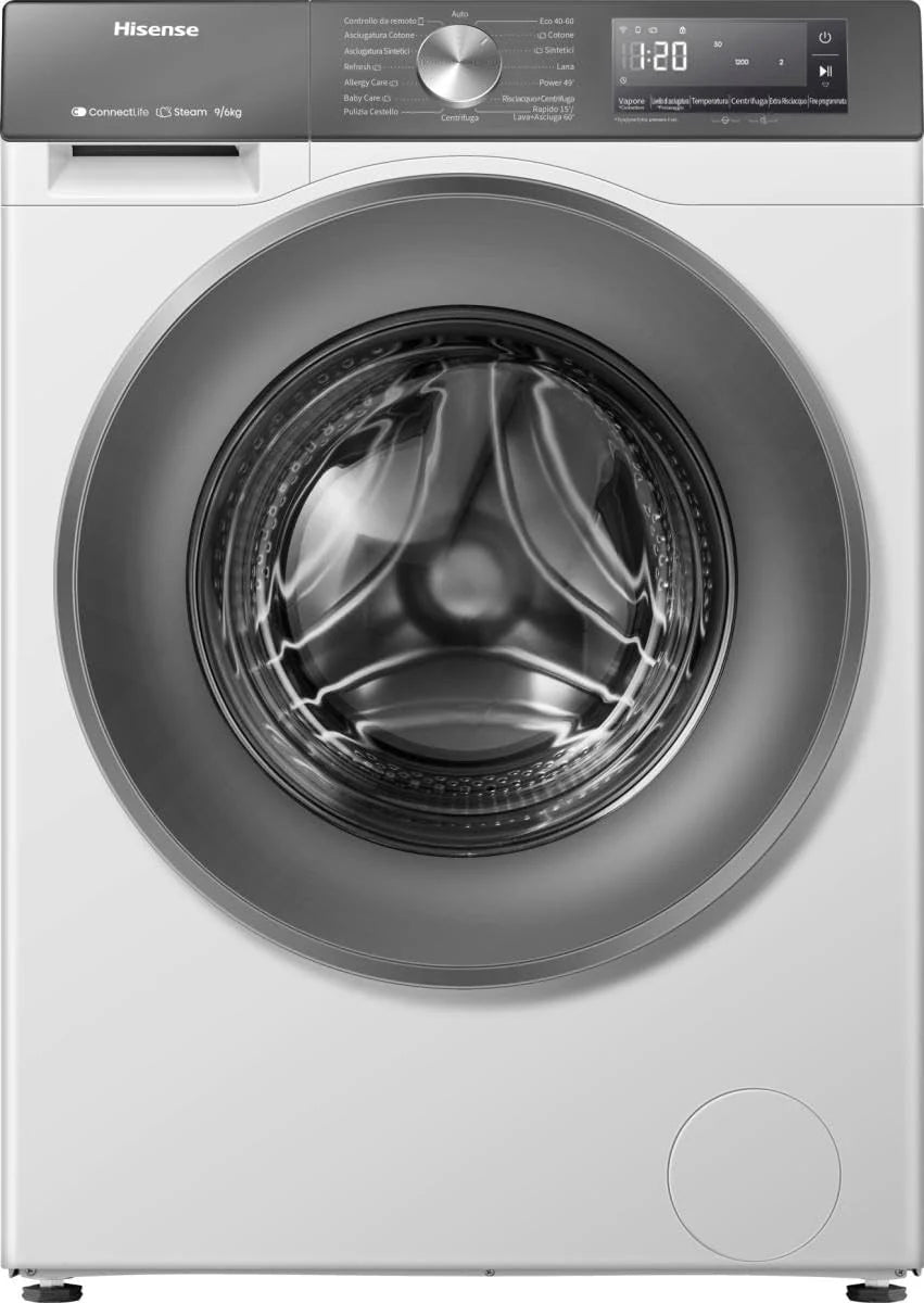 Hisense WD3S9043BW7 pralko-suszarka 9 + 6 kg, 1400 obr./min, 15 programów automatycznych, silnik inwerterowy, klasa energetyczna A-30%/D, wyświetlacz LED, szary, WiFi