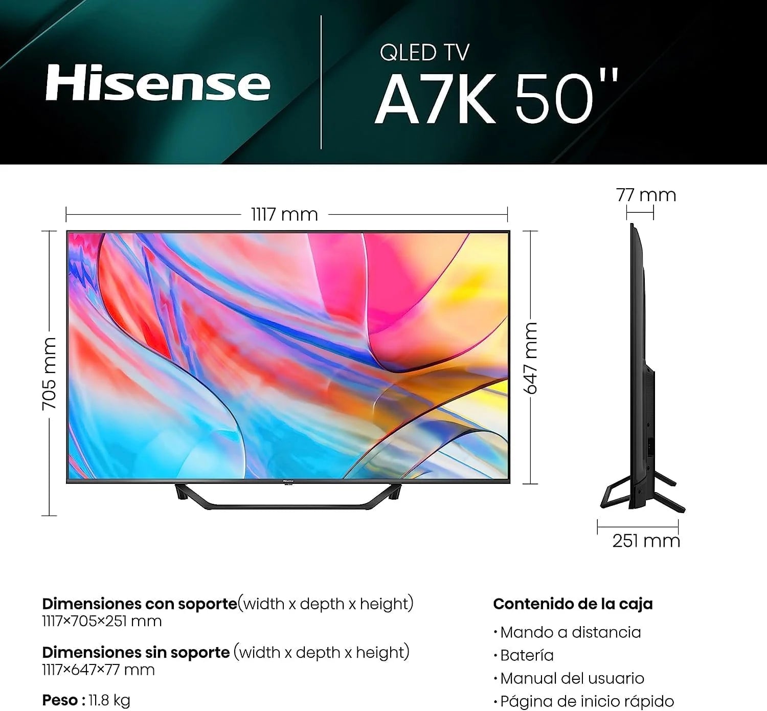 Hisense 50A7KQ QLED VIDAA Smart TV, telewizor 50 cali, z technologią Quantum Dot Colour, 60 Hz VRR, Dolby Vision, Bluetooth i HDMI, udostępnianie na telewizorze, Alexa wbudowana (2023)